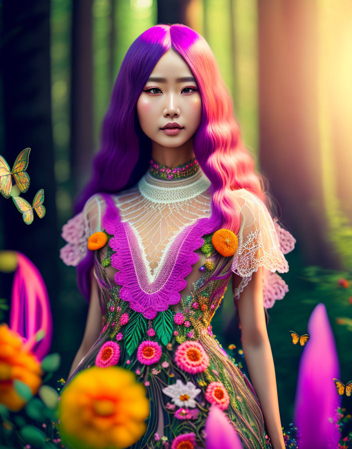 Vibrant purple-haired woman in floral dress in ethereal forest