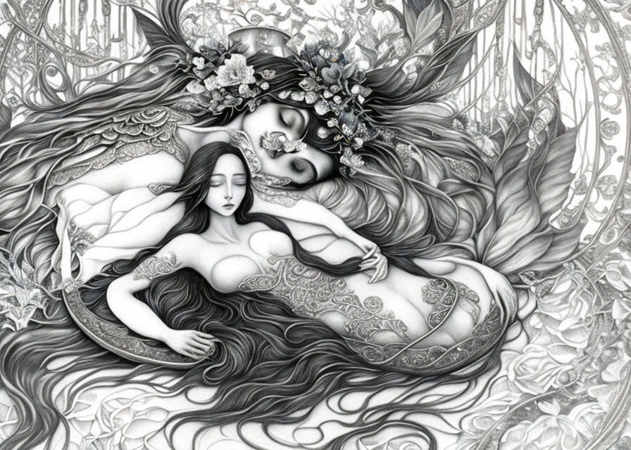 Monochromatic illustration of two ethereal women embraced in floral setting