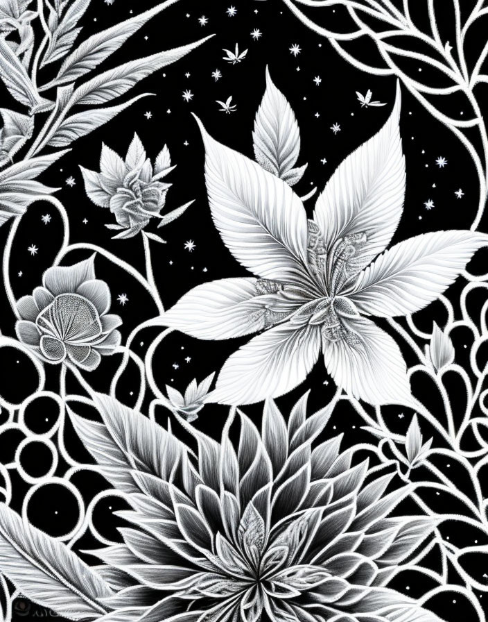 Detailed monochrome botanical illustration of flowers with cosmic backdrop