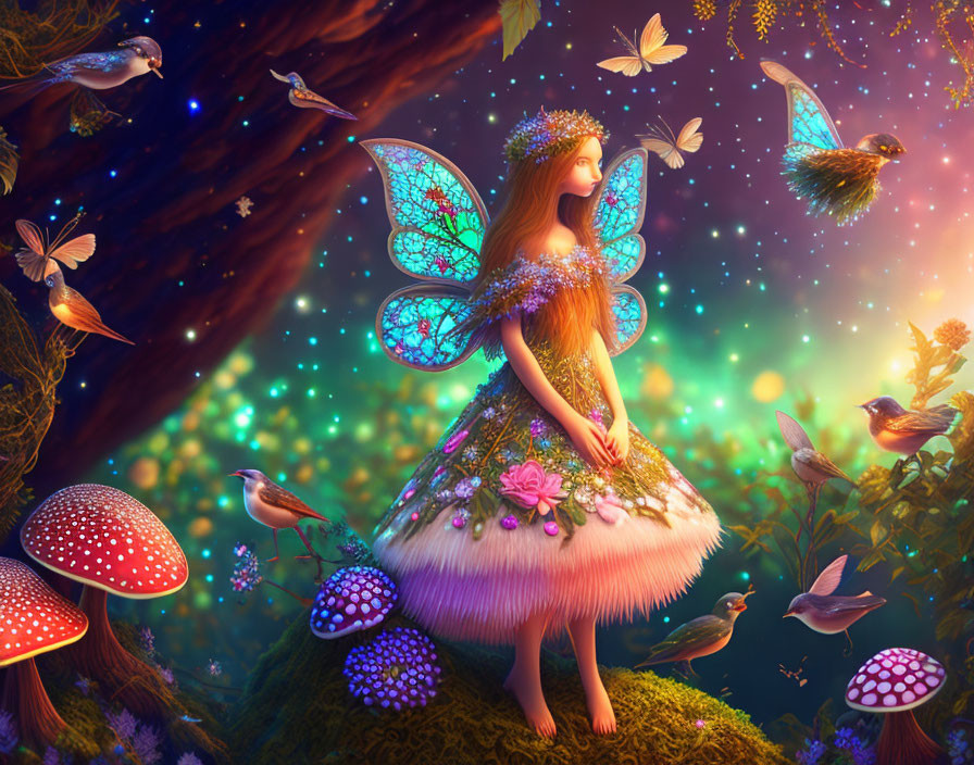 Fantasy illustration: Fairy with translucent wings in vibrant forest