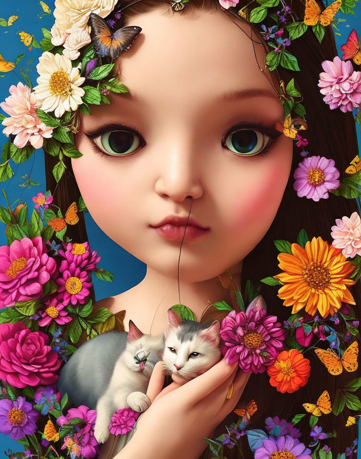 Girl with Big Eyes Surrounded by Flowers, Butterflies, and Kittens on Blue Background