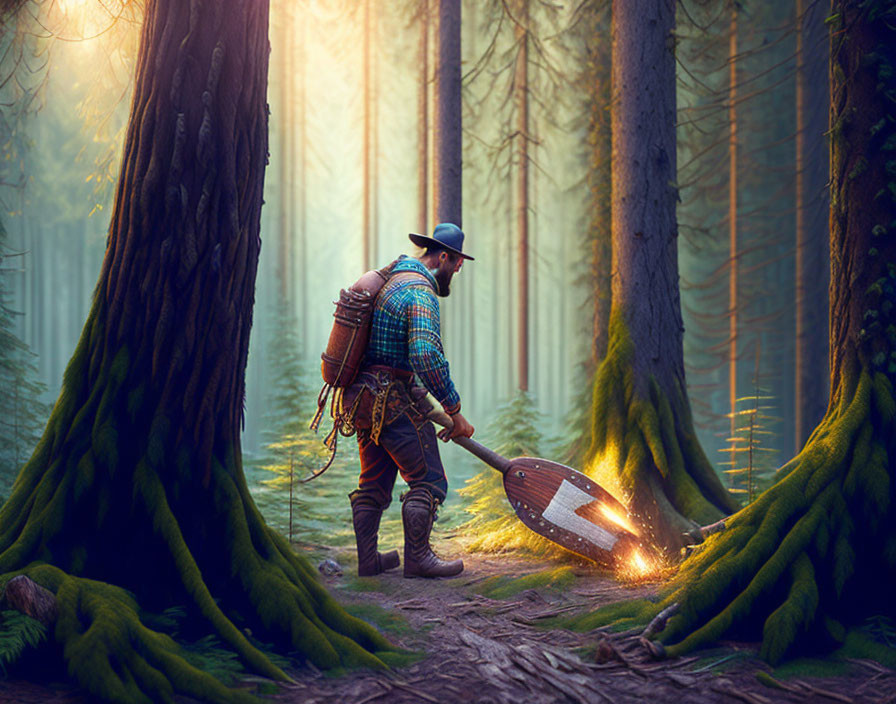 Person in hat and plaid shirt dragging sparking tool through mystical forest with sunrays.