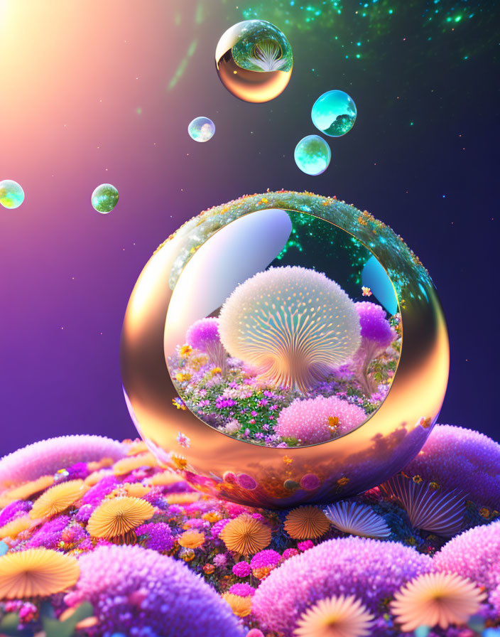 Colorful Digital Artwork: Reflective Spheres & Vibrant Flowers