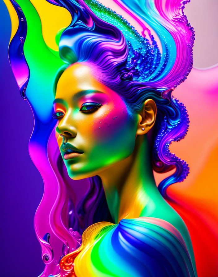 Colorful portrait of a woman with flowing, paint-like aesthetic on gradient background