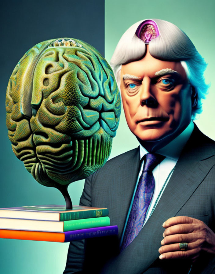 Detailed illustration of man with exposed brain, human head, books, vibrant background