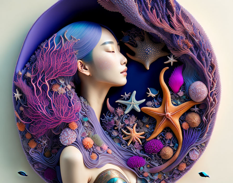 Surreal marine-themed woman profile illustration