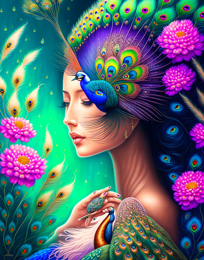 Woman adorned with vibrant peacock feathers in serene profile against lush blue and green backdrop.