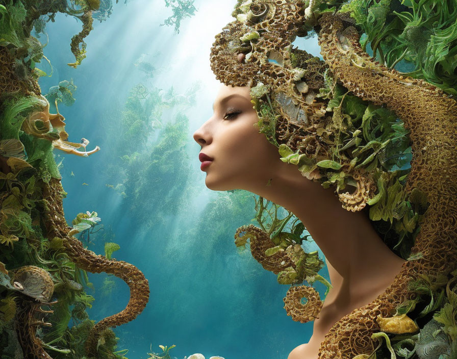 Surreal portrait of woman with sea life blending in hair in tranquil underwater scene