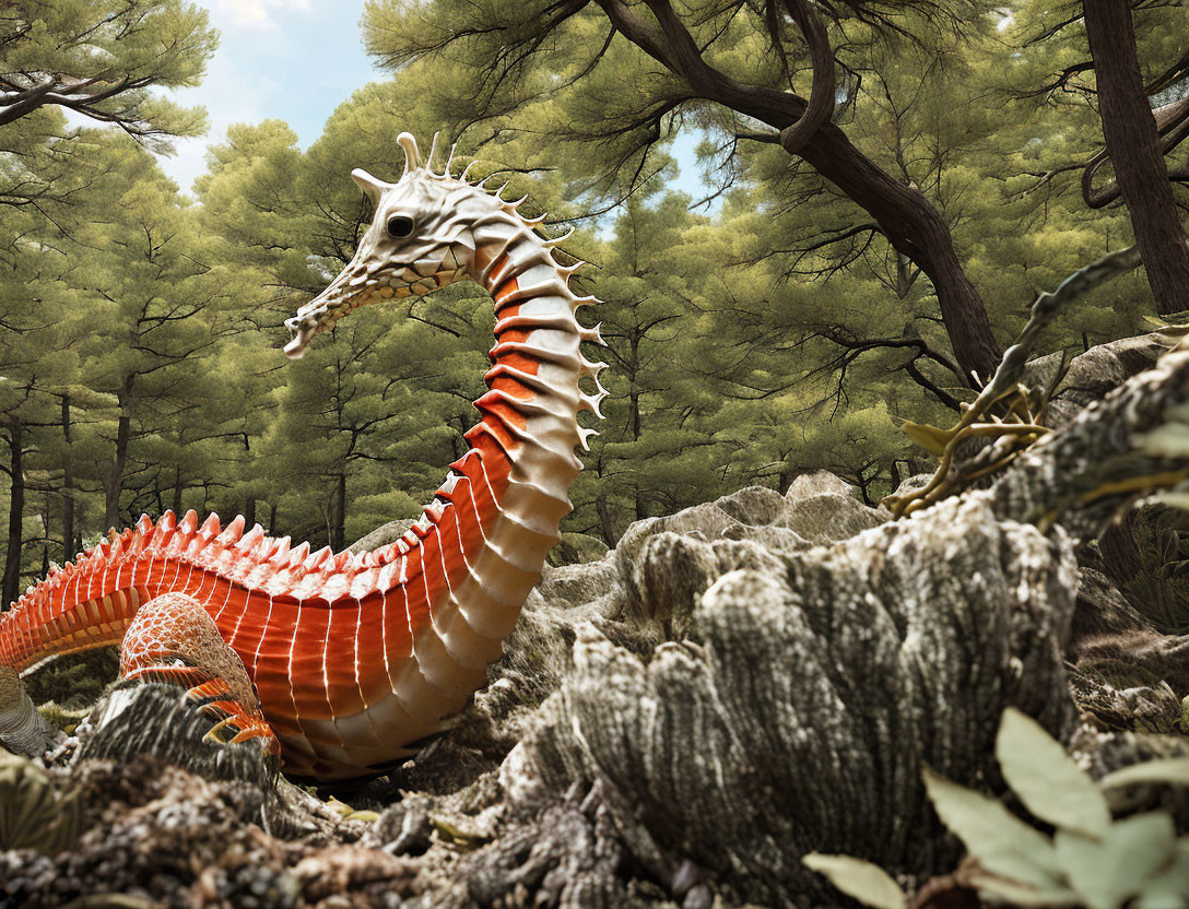 Fantastical dragon-like creature with orange and white scales in forest setting