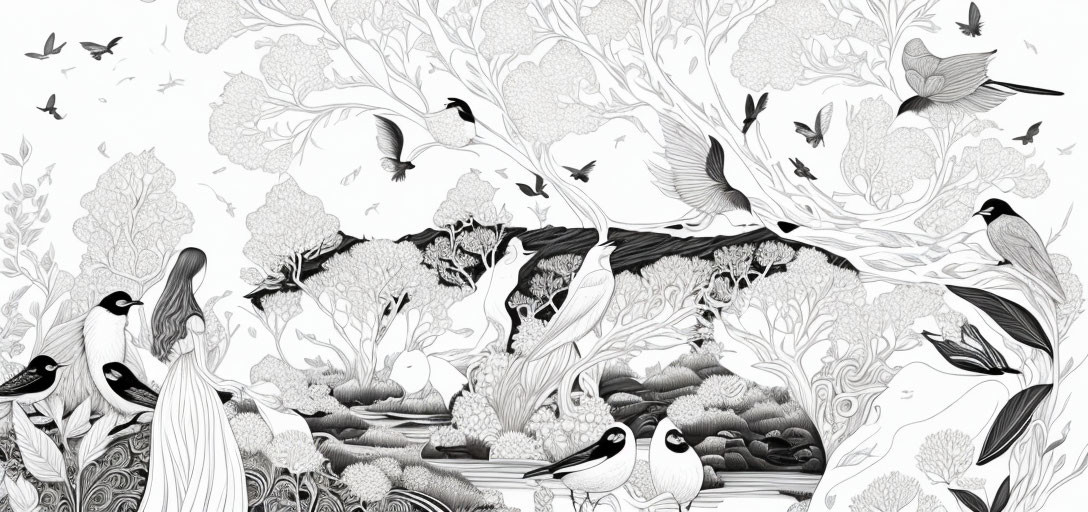 Monochromatic forest illustration with birds and lush foliage