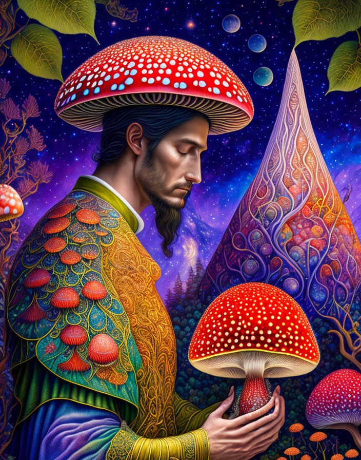 Colorful digital artwork: Man with mushroom cap hat in surreal forest.