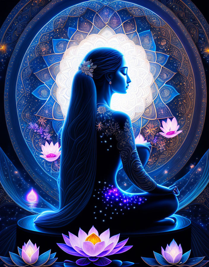 Stylized digital art: Woman in meditative pose with lotuses on cosmic background