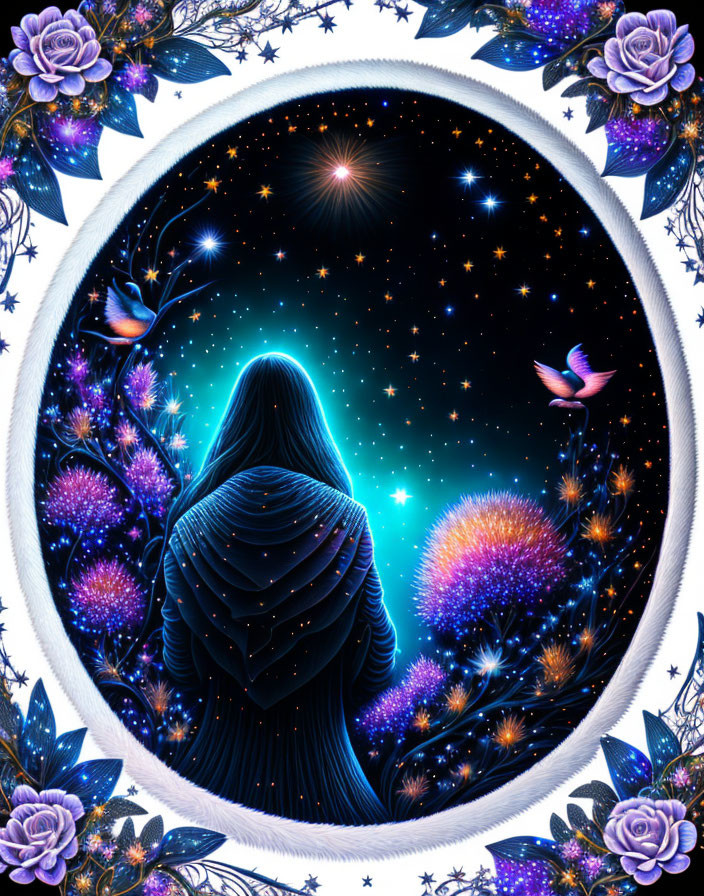 Cloaked figure in cosmic scene with vibrant stars and whimsical flora