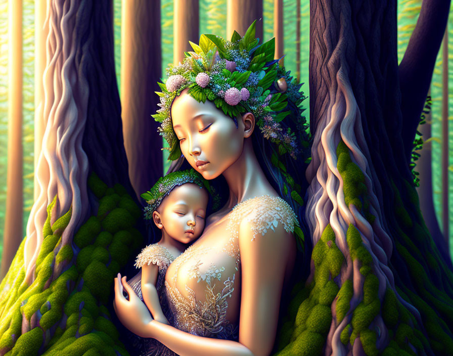 Serene woman with floral crown holding baby in fantastical forest