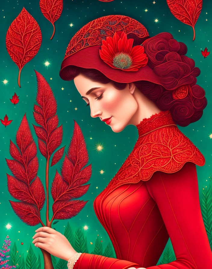 Stylized illustration of woman in red dress with hat and leafy branch on green background.