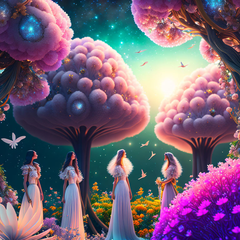 Fantasy scene: Women in flowing dresses, magical trees, sparkling flora