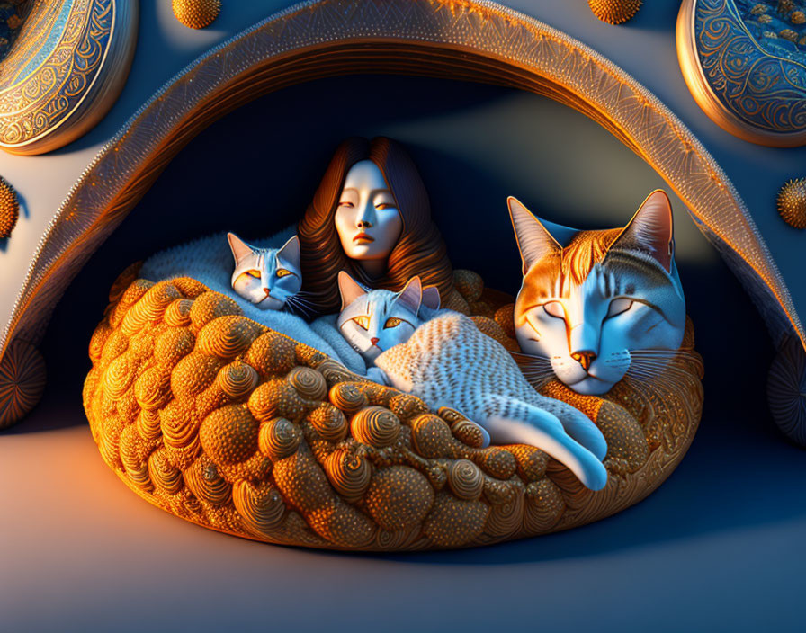 Surreal illustration of large cat and human-like faces on smaller cats in cozy bed