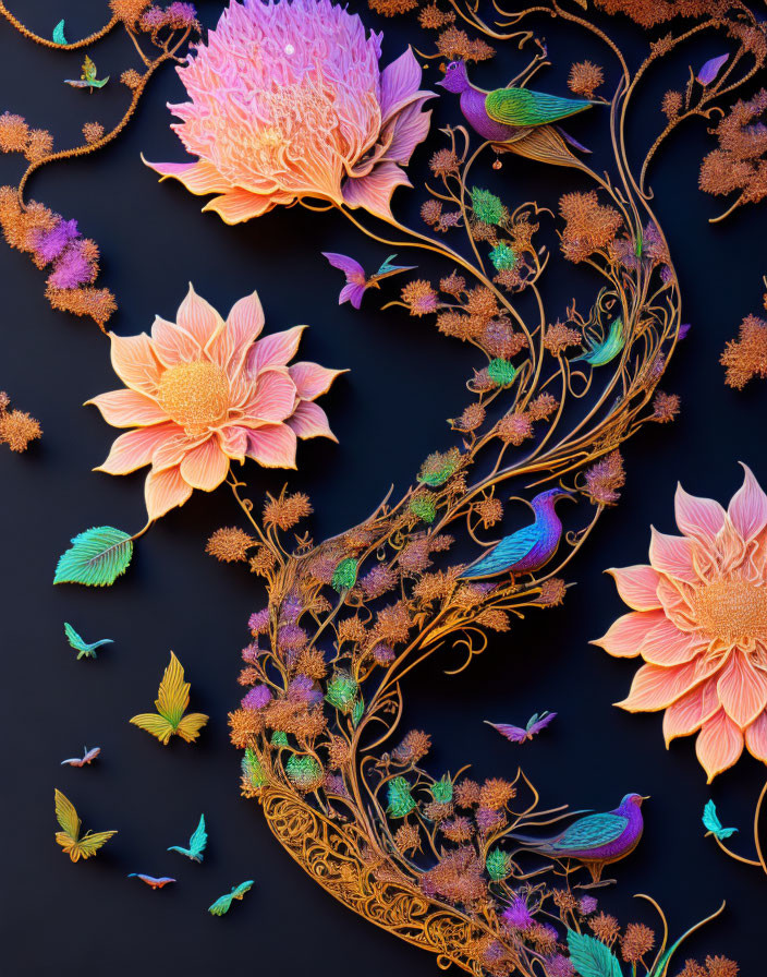 Detailed digital artwork: Golden branches, flowers, and colorful birds on dark backdrop