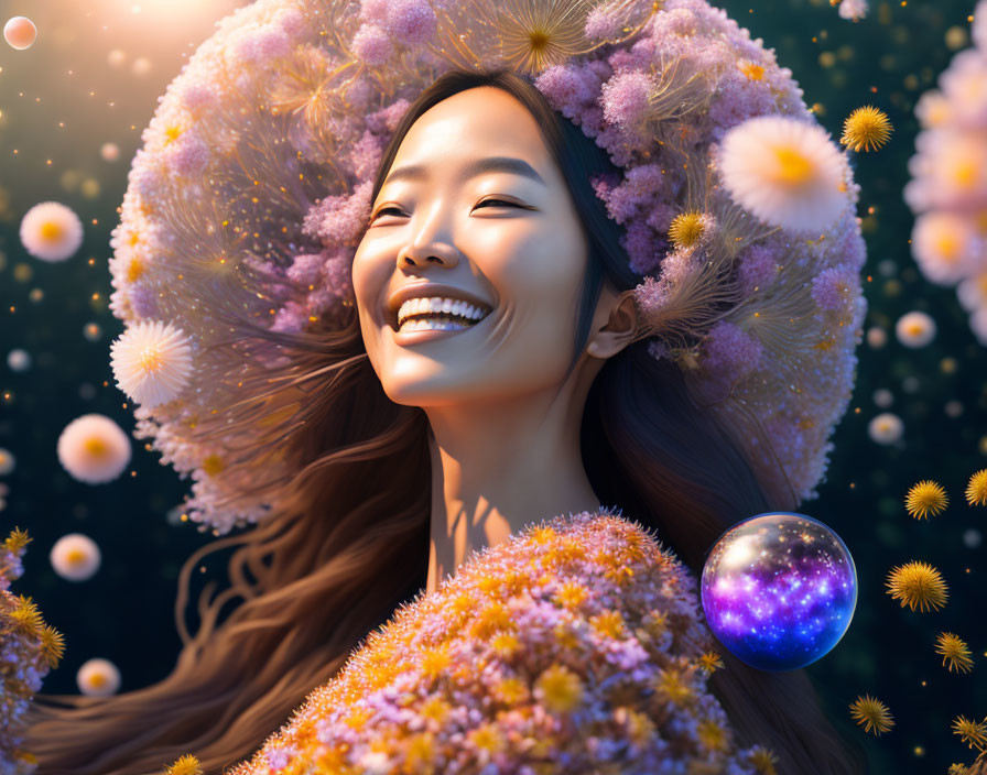 Radiant woman with cosmic orb in golden floral setting