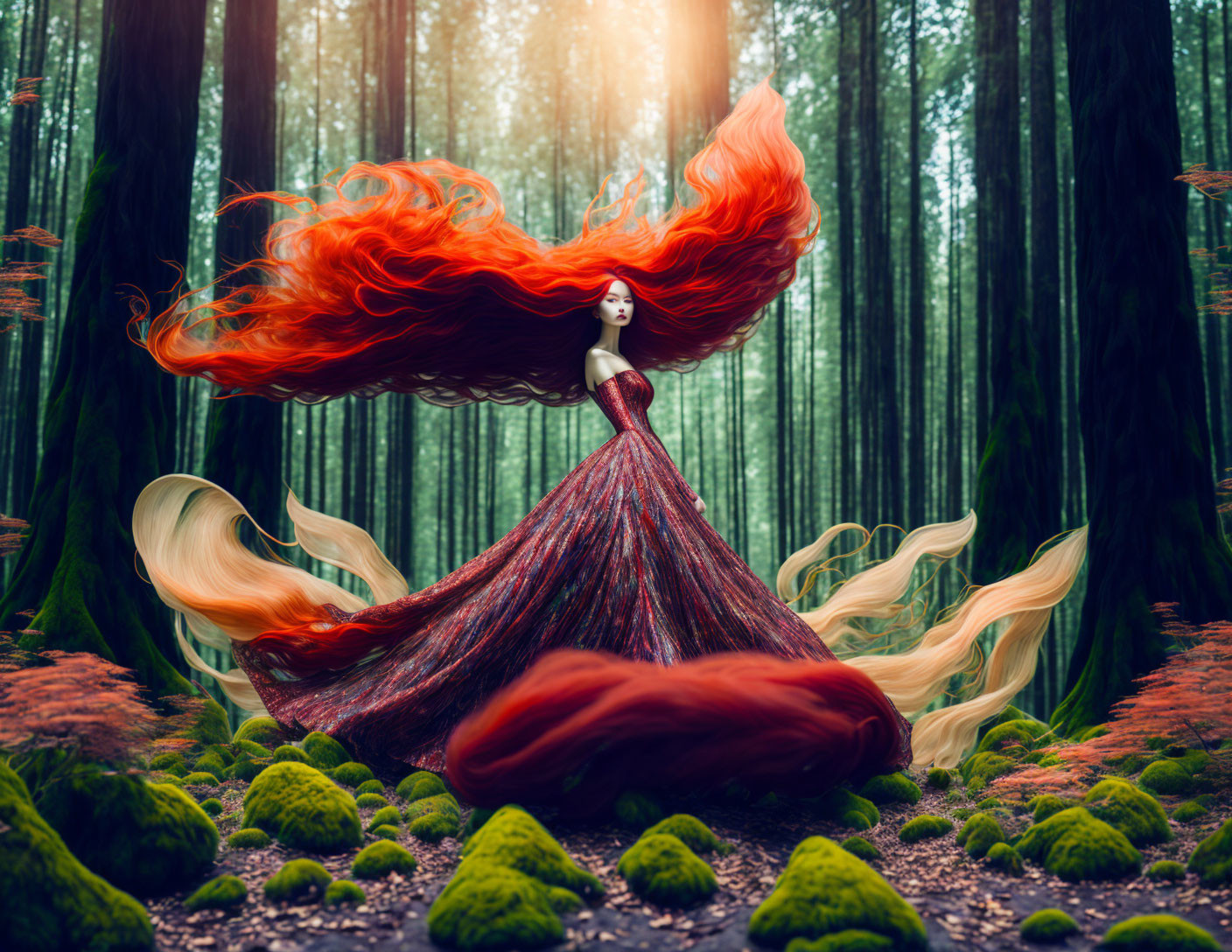 Woman in Red Gown with Fiery Hair in Mystical Forest