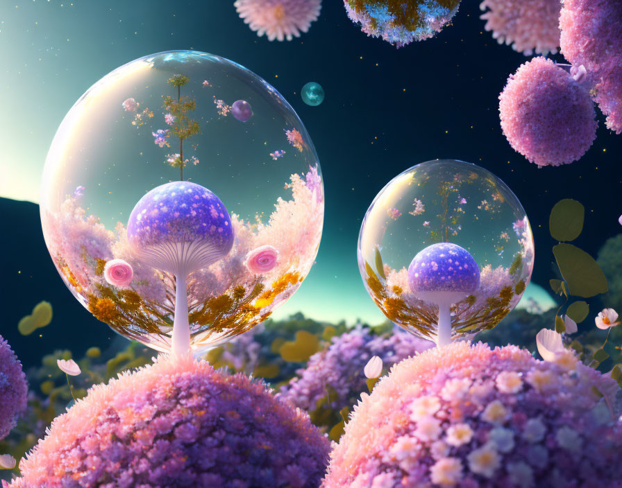 Surreal landscape featuring translucent orbs with miniature ecosystems on vibrant pink flora under a starry sky