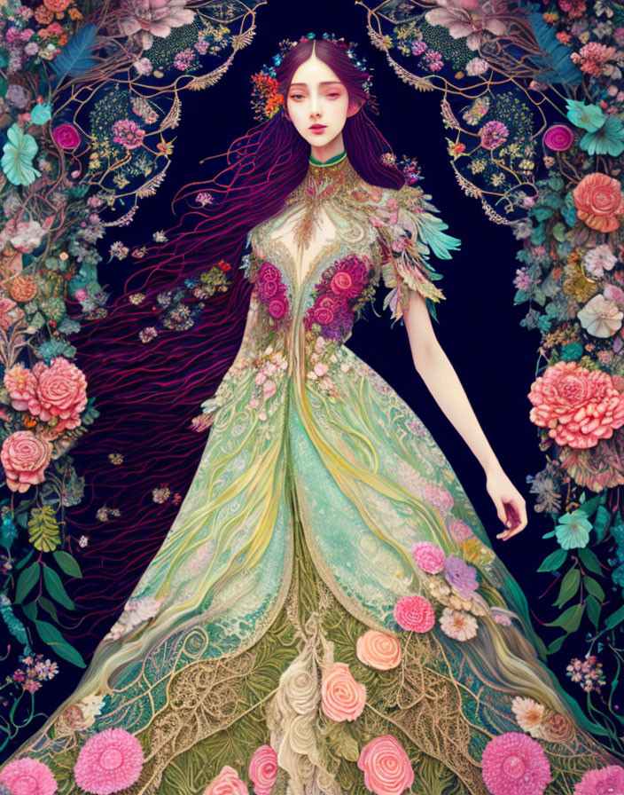 Stylized illustration of woman in floral gown surrounded by detailed flowers