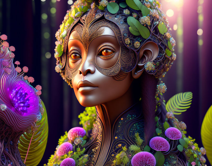 Colorful digital portrait of a woman with floral headdress in mystical forest