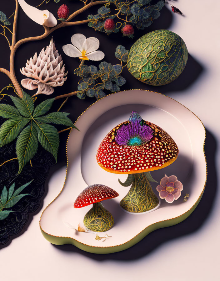 Vibrant still life with decorative mushrooms and plants