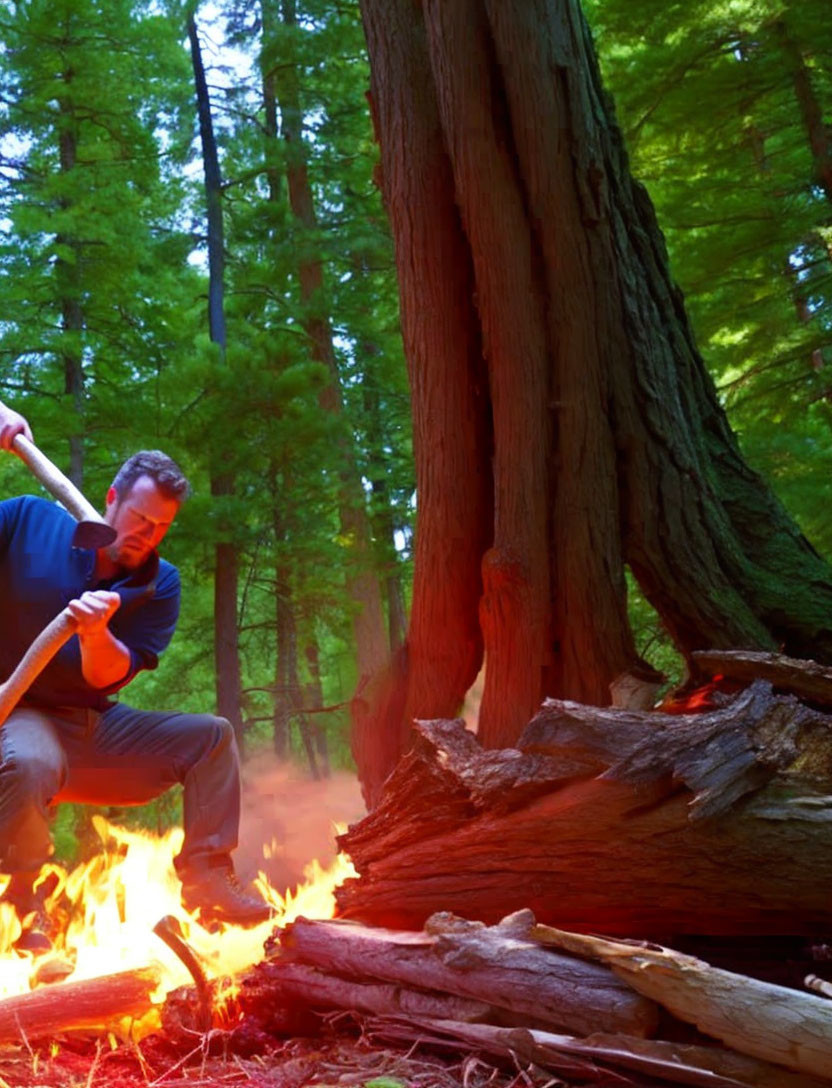 Person tending campfire in forest with large trees and blue sky