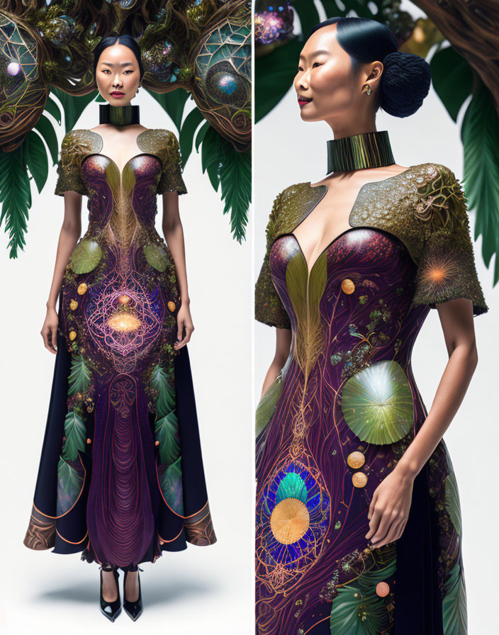 Intricate futuristic gown with cosmic motifs and spherical objects.