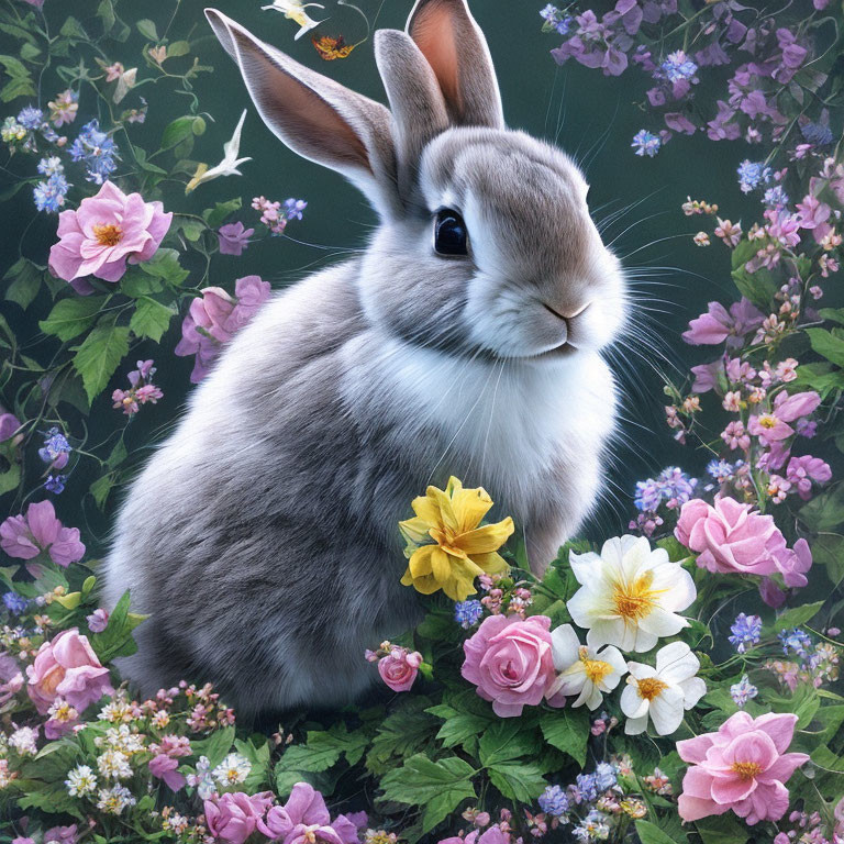 Realistic Gray and White Rabbit in Colorful Flower Garden