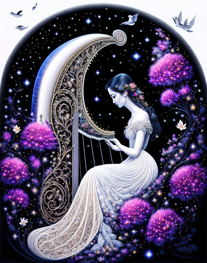 Illustration of woman playing harp with cosmic, floral elements in starlit setting