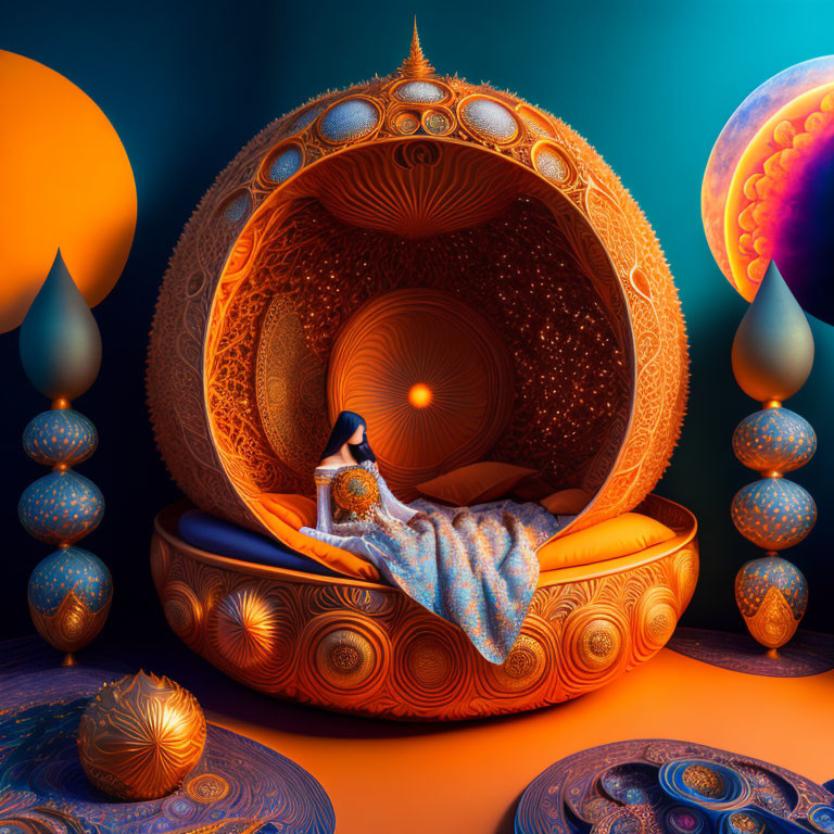 Person reclining in ornate spherical chair in surreal, colorful room.