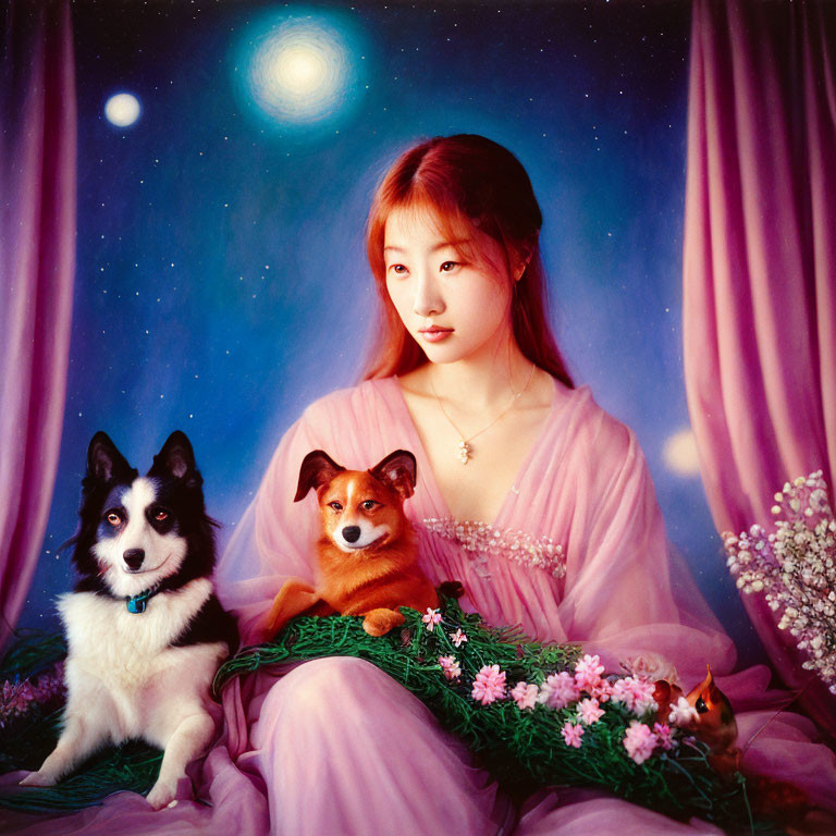 Woman in pink dress with two dogs in cosmic fantasy setting.