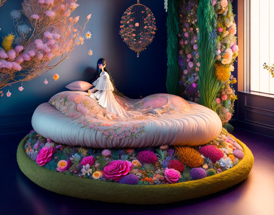 Woman in elegant dress on oversized floral bed in dramatic floral room