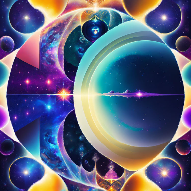 Cosmic-themed digital art with celestial bodies and nebulas