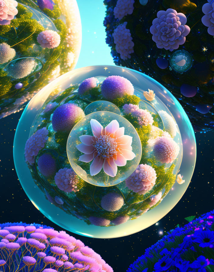 Surreal floating spheres amidst lush greenery and blooming flowers on starry night sky