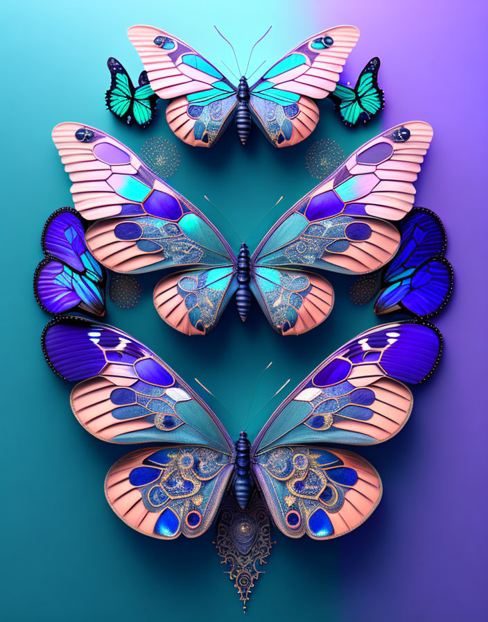 Colorful Digital Butterflies with Intricate Wing Patterns on Gradient Background