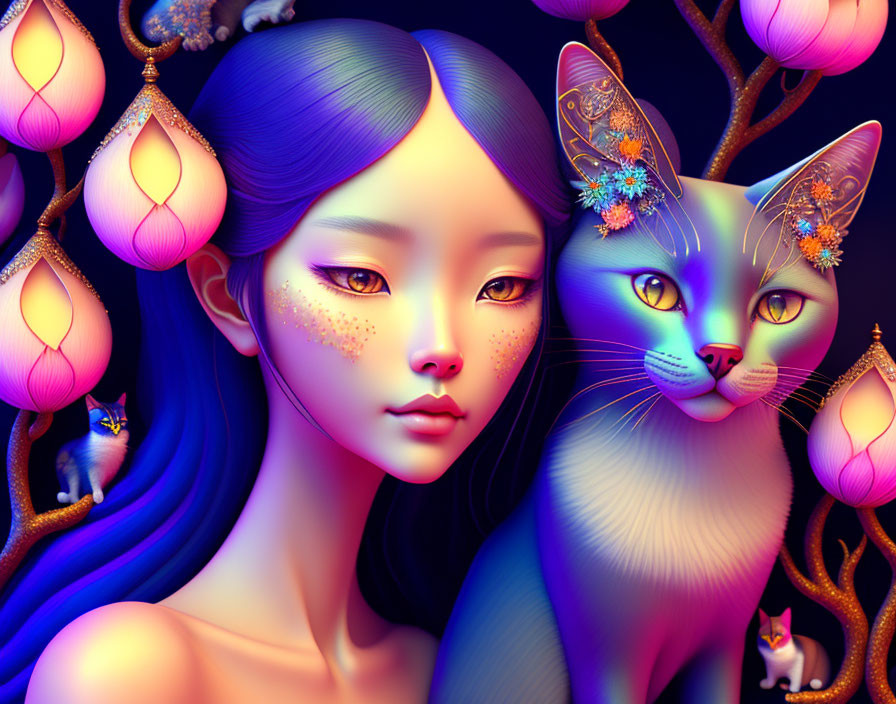 Colorful illustration of woman with purple hair and mystical blue cat in golden accents, surrounded by glowing pink