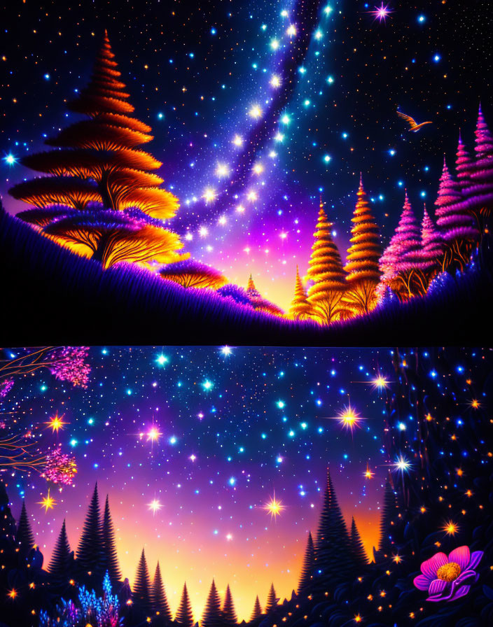 Digital Artwork: Neon-lit Trees, Shooting Stars, Bird Silhouette, and Flowers