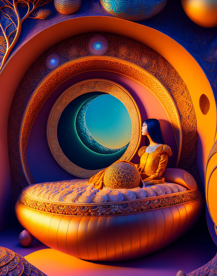 Vibrant orange dress woman on circular couch gazes at crescent moon through round window surrounded by