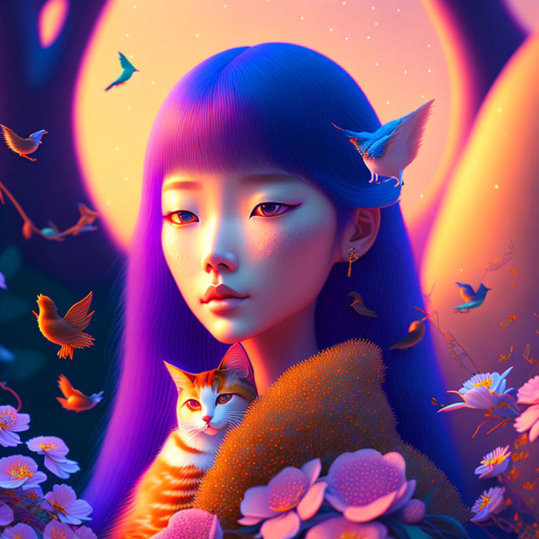 Surreal portrait of woman with blue hair holding cat among butterflies and flowers