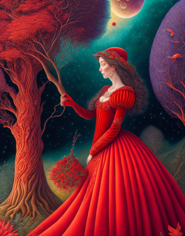 Woman in Red Renaissance Dress in Fantastical Forest with Red Trees and Celestial Night Sky