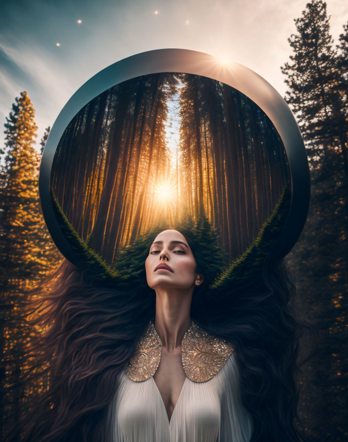 Woman with flowing hair framed by circular portal in sunlit forest.