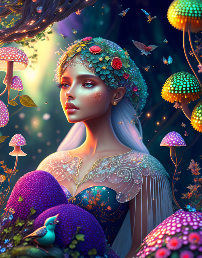 Fantastical female figure with floral crown in enchanted forest.