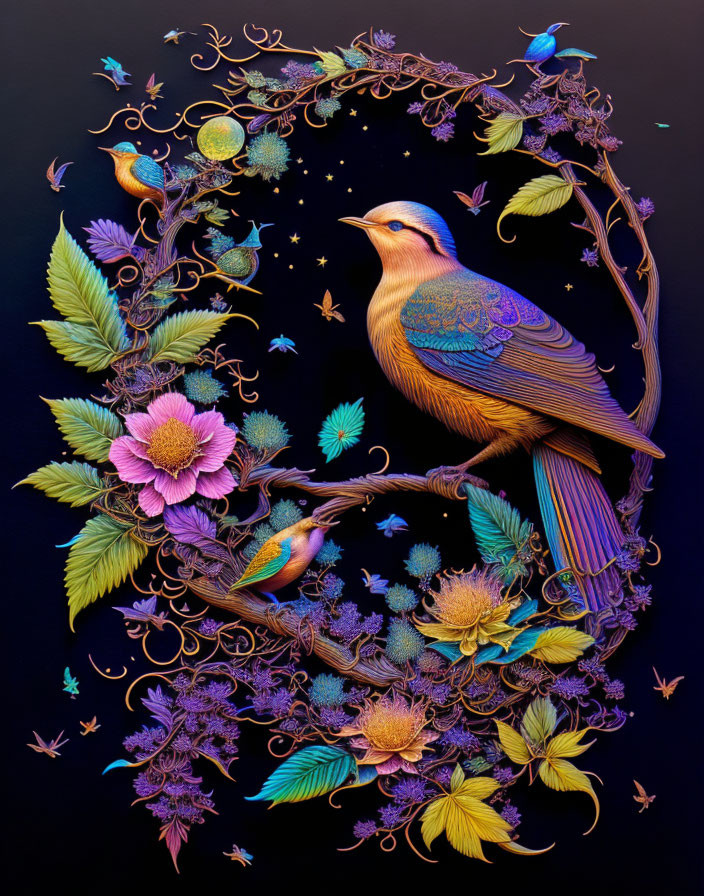 Colorful bird surrounded by intricate floral patterns and smaller birds on dark background with cosmic starry effect