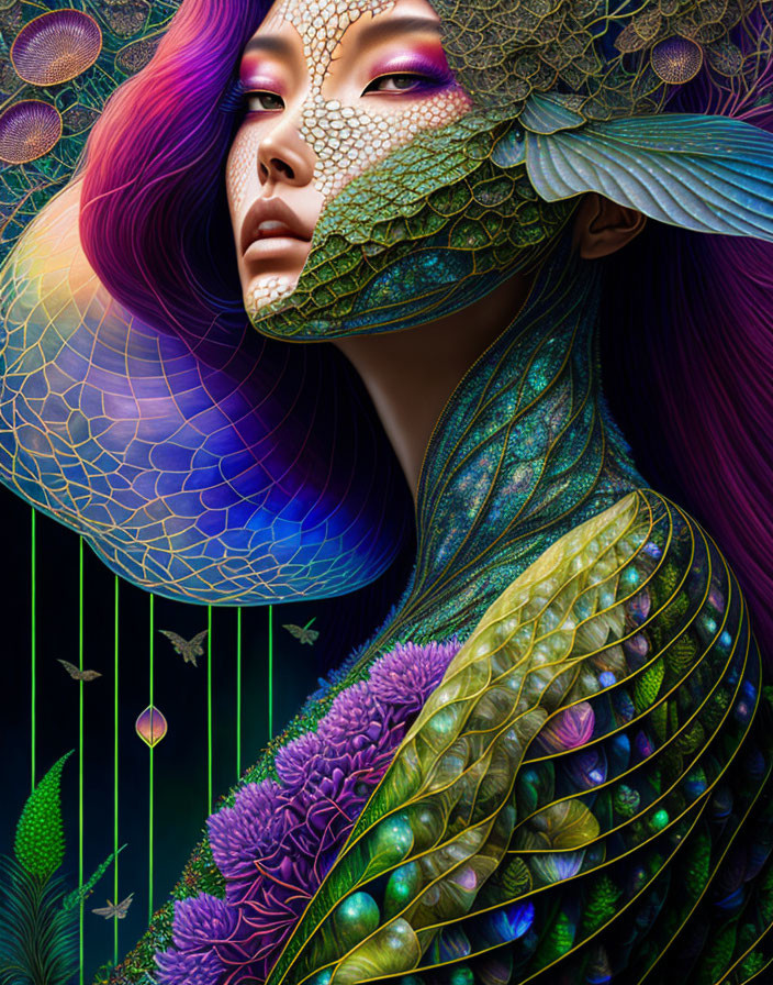 Colorful digital portrait of a woman with leaf-like structures, iridescent wings, purple hair,