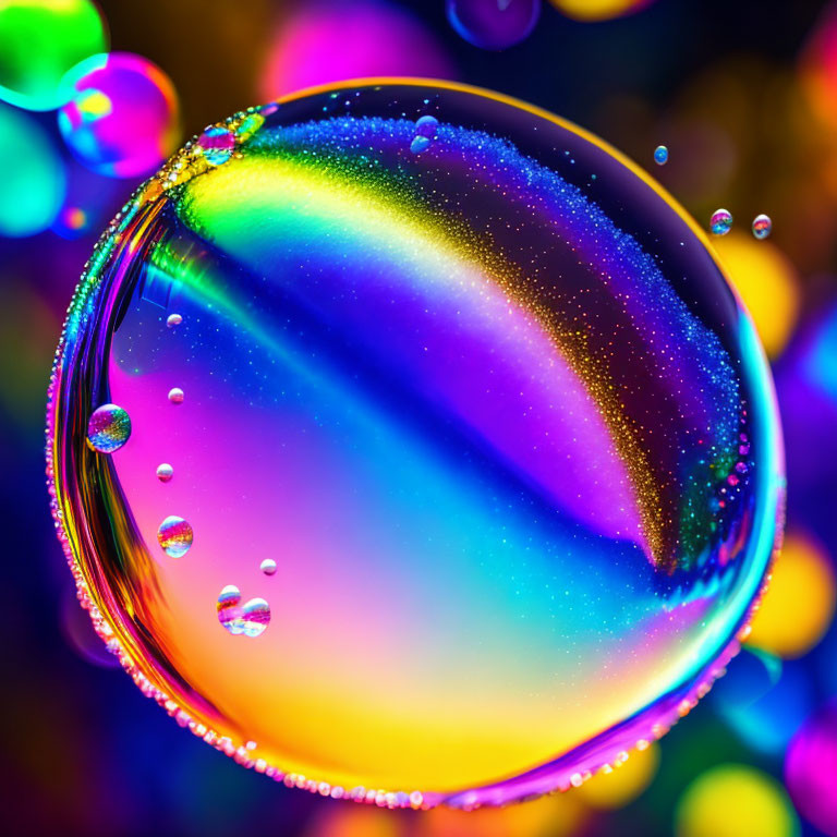 Colorful Soap Bubble Reflecting Spectrum of Colors with Bokeh Light Background