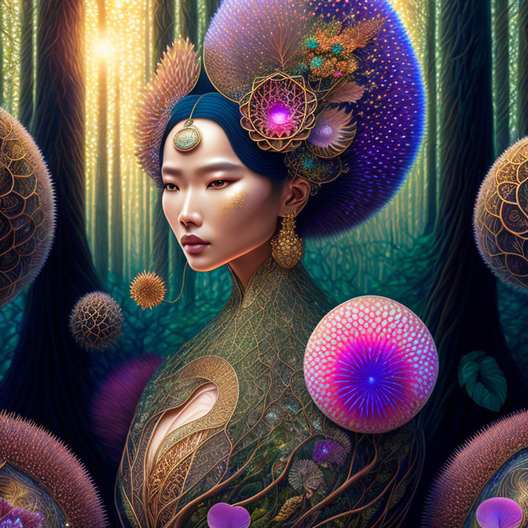 Digital Artwork: Woman with Gold Jewelry and Floral Headdress in Mystical Forest