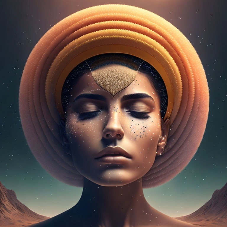 Serene woman with closed eyes in surreal halo rings under starry sky